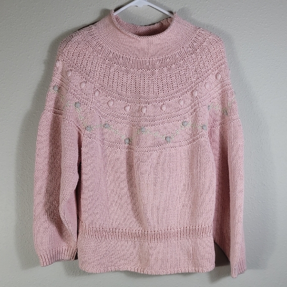 Vintage Women Bobble 3D Knit Sweater Size M Ramie Pink Embroidered Mock Granny - Picture 1 of 13